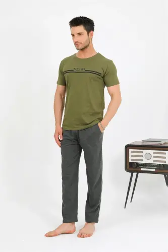 Akbeniz Men's Cotton Short Sleeve Pajamas Set Khaki 6875 - 5