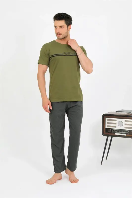 Akbeniz Men's Cotton Short Sleeve Pajamas Set Khaki 6875 - 6