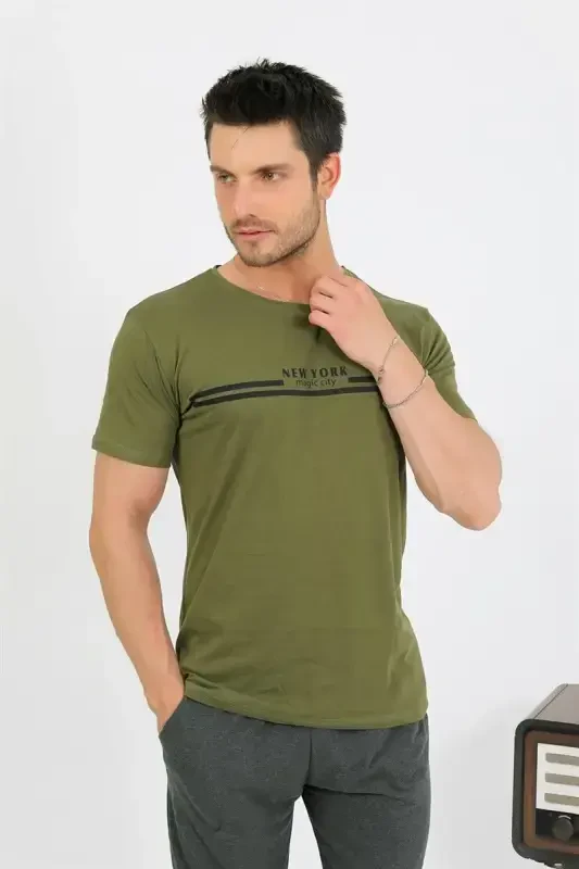 Akbeniz Men's Cotton Short Sleeve Pajamas Set Khaki 6875 - 3