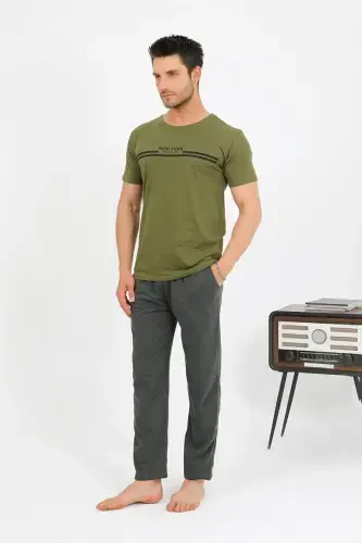 Akbeniz Men's Cotton Short Sleeve Pajamas Set Khaki 6875 - 5