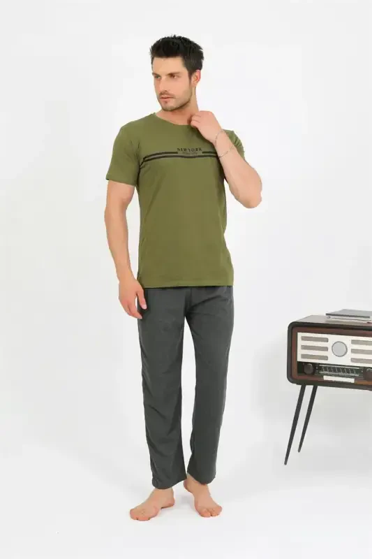 Akbeniz Men's Cotton Short Sleeve Pajamas Set Khaki 6875 - 6