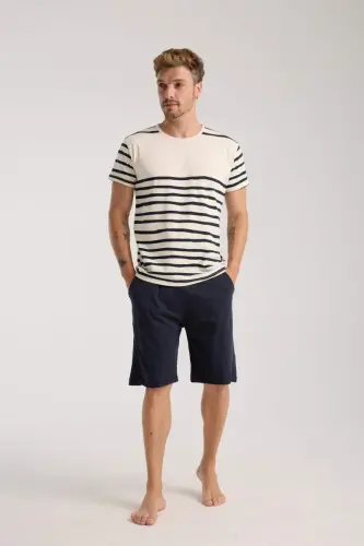 Akbeniz Men's Cream Crew Neck Short Sleeve Pajama Set with Shorts - 1