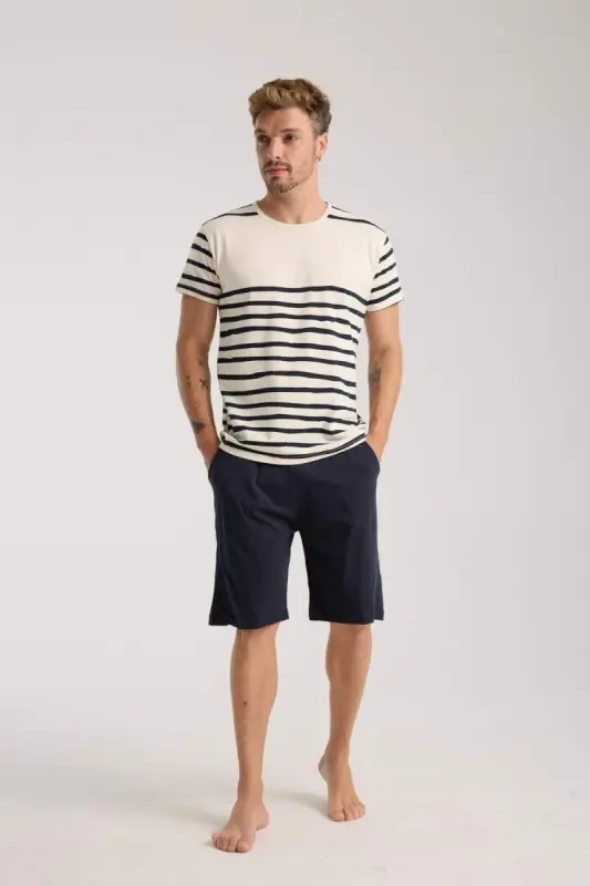 Akbeniz Men's Cream Crew Neck Short Sleeve Pajama Set with Shorts - 1