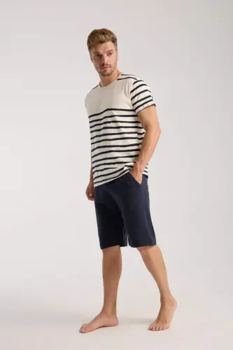 Akbeniz Men's Cream Crew Neck Short Sleeve Pajama Set with Shorts - 3