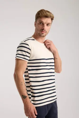 Akbeniz Men's Cream Crew Neck Short Sleeve Pajama Set with Shorts - 4