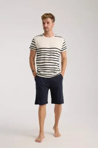 Akbeniz Men's Cream Crew Neck Short Sleeve Pajama Set with Shorts - 1