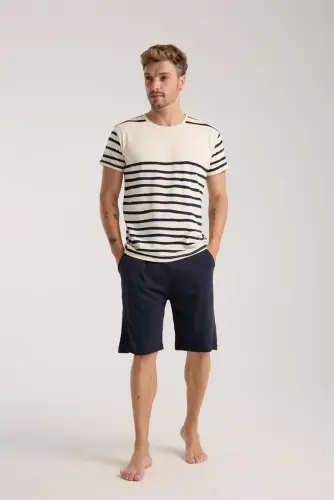 Akbeniz Men's Cream Crew Neck Short Sleeve Shorts Pajamas Set - 1