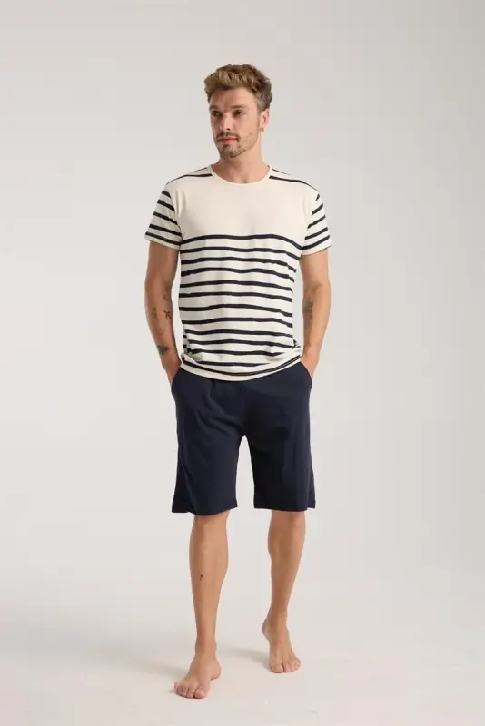 Akbeniz Men's Cream Crew Neck Short Sleeve Shorts Pajamas Set - 1