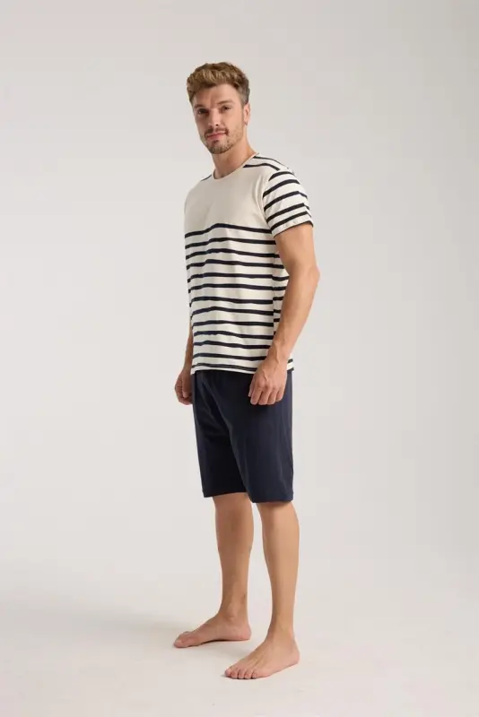 Akbeniz Men's Cream Crew Neck Short Sleeve Shorts Pajamas Set - 2