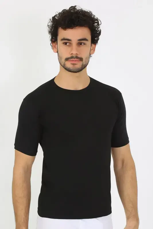 Akbeniz Men's Crew Neck Black T-Shirt with Lycra 65710 - 3