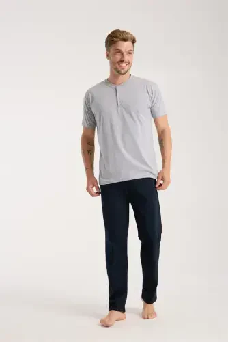 Akbeniz Men's Gray Buttoned Collar Short Sleeve Pajama Set - 1