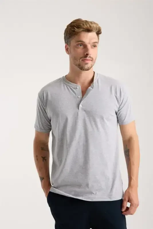 Akbeniz Men's Gray Buttoned Collar Short Sleeve Pajama Set - 2