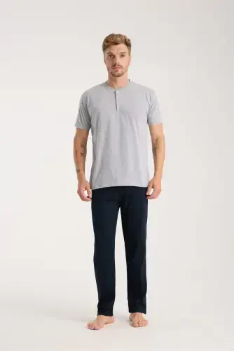 Akbeniz Men's Gray Buttoned Collar Short Sleeve Pajama Set - 3