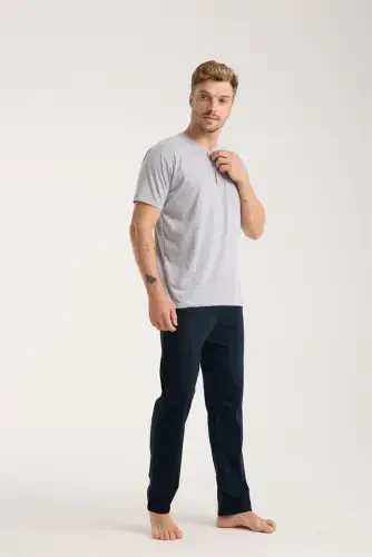 Akbeniz Men's Gray Buttoned Collar Short Sleeve Pajama Set - 5