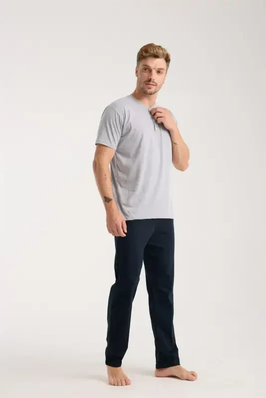 Akbeniz Men's Gray Buttoned Collar Short Sleeve Pajama Set - 5