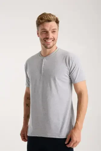 Akbeniz Men's Gray Buttoned Collar Short Sleeve Pajama Set - 7