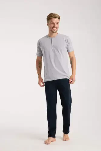 Akbeniz Men's Grey Buttoned Collar Short Sleeve Pajama Set - 1