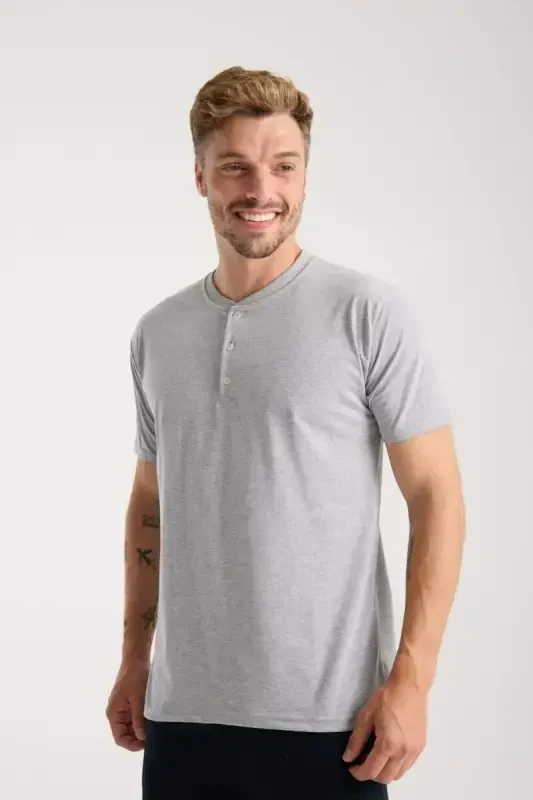 Akbeniz Men's Grey Buttoned Collar Short Sleeve Pajama Set - 7