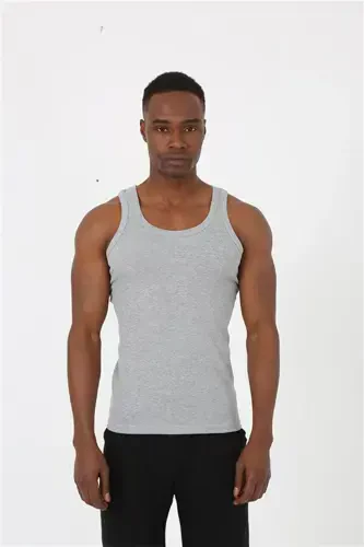 Akbeniz Men's Grey Sports Ribbed Tank Top 6503 - 2
