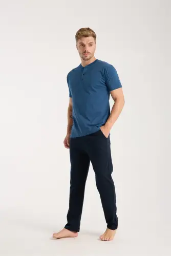 Akbeniz Men's Indigo Buttoned Collar Short Sleeve Pajama Set - 1