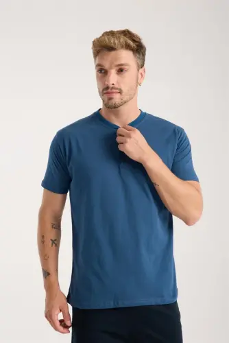 Akbeniz Men's Indigo Buttoned Collar Short Sleeve Pajama Set - 6