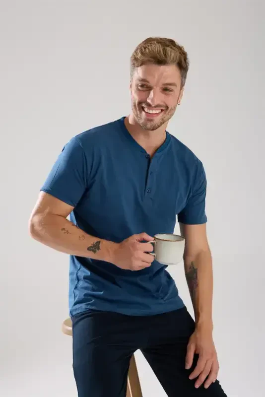 Akbeniz Men's Indigo Buttoned Collar Short Sleeve Pajama Set - 2