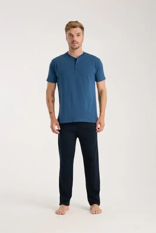 Akbeniz Men's Indigo Buttoned Collar Short Sleeve Pajama Set - 3