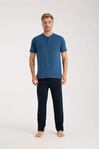 Akbeniz Men's Indigo Buttoned Collar Short Sleeve Pajama Set - 3