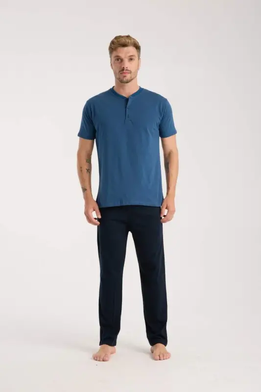 Akbeniz Men's Indigo Buttoned Collar Short Sleeve Pajama Set - 3