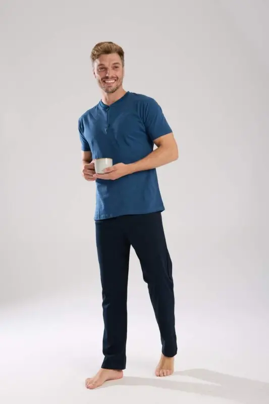 Akbeniz Men's Indigo Buttoned Collar Short Sleeve Pajama Set - 4