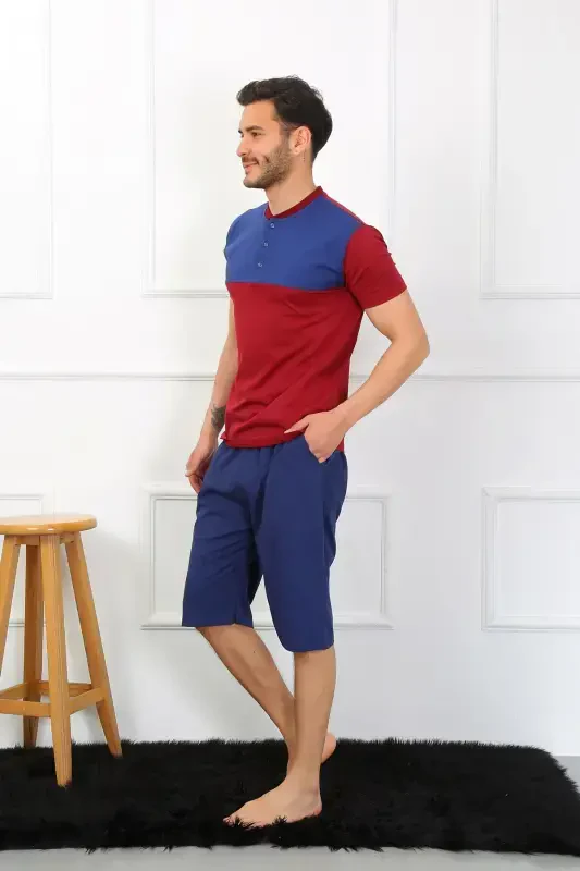 Akbeniz Men's Knitted 3-Piece Navy Blue Patchwork Pajama Set 6823 - 6