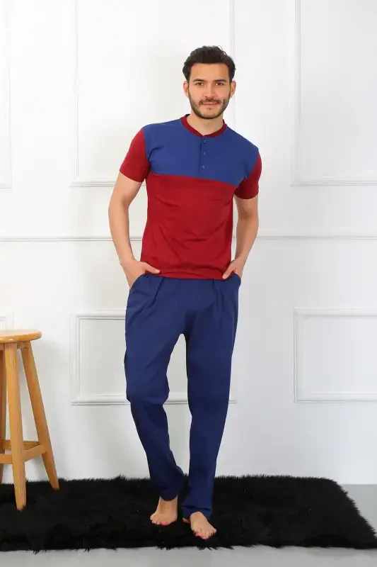 Akbeniz Men's Knitted 3-Piece Navy Blue Patchwork Pajama Set 6823 - 7