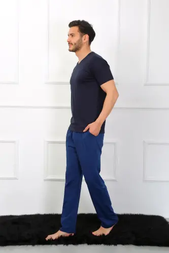 Akbeniz Men's Knitted 3-Piece Navy Blue V-Neck Pajamas Set 6822 - 3