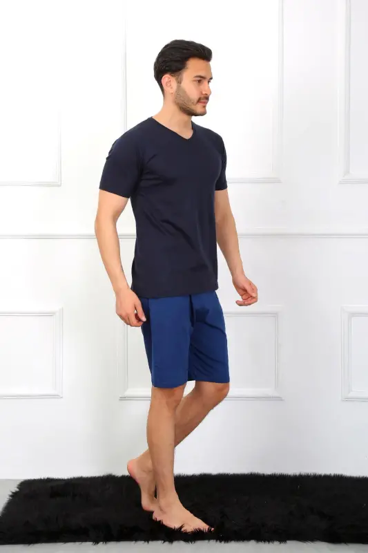 Akbeniz Men's Knitted 3-Piece Navy Blue V-Neck Pajamas Set 6822 - 4
