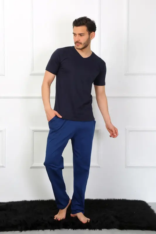 Akbeniz Men's Knitted 3-Piece Navy Blue V-Neck Pajamas Set 6822 - 6