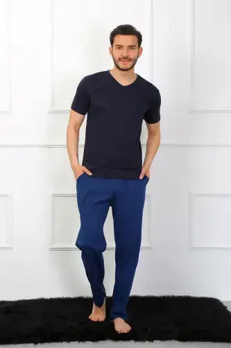 Akbeniz Men's Knitted 3-Piece Navy Blue V-Neck Pajamas Set 6822 - 10