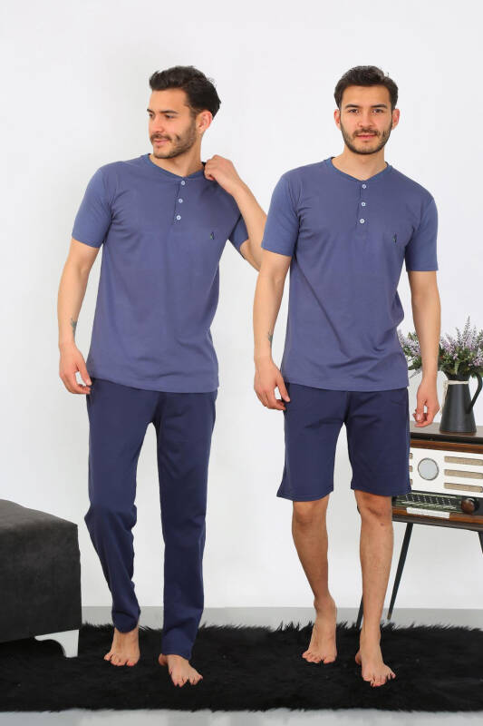 Akbeniz Men's Knitted 3-piece Pajama Set Indigo 6824 - 1