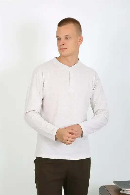 Akbeniz Men's Knitted Long Sleeve Pajama Set 6860 Ecru - 2