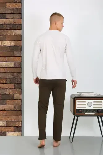 Akbeniz Men's Knitted Long Sleeve Pajama Set 6860 Ecru - 6