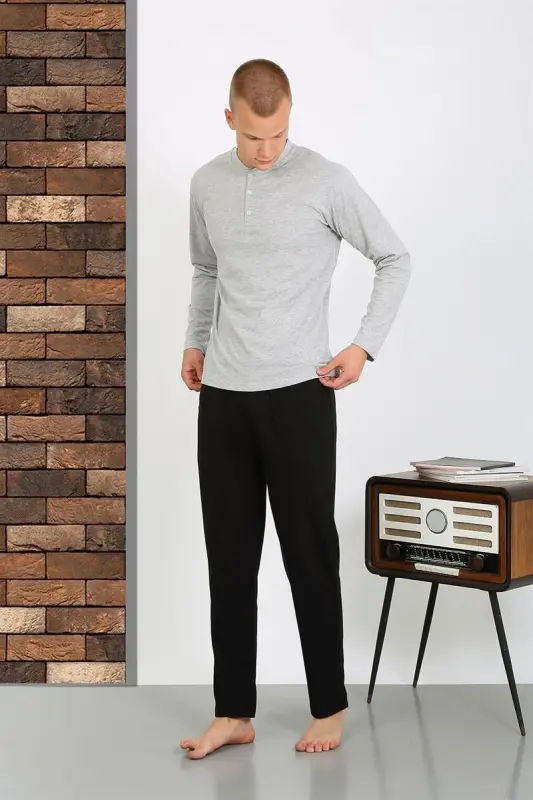 Akbeniz Men's Knitted Long Sleeve Pajama Set 6860 GRAY - 3