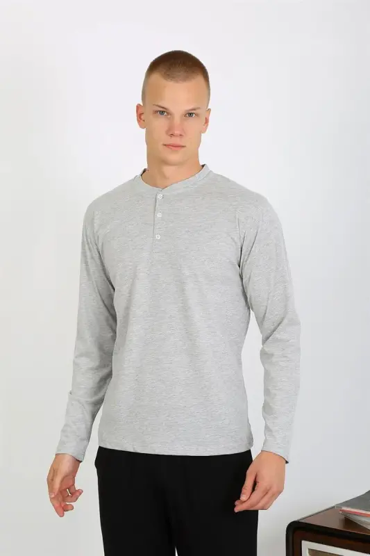 Akbeniz Men's Knitted Long Sleeve Pajama Set 6860 GRAY - 5
