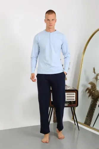 Akbeniz Men's Knitted Long Sleeve Pajama Set 6860 Ice Blue - AKBENIZ (1)