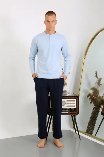 Akbeniz Men's Knitted Long Sleeve Pajama Set 6860 Ice Blue - 4