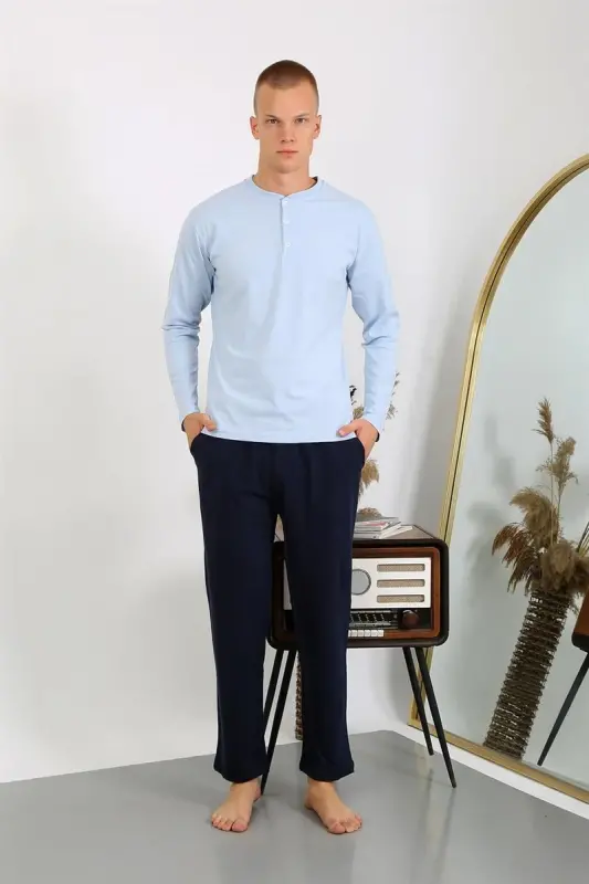 Akbeniz Men's Knitted Long Sleeve Pajama Set 6860 Ice Blue - 4