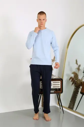 Akbeniz Men's Knitted Long Sleeve Pajama Set 6860 Ice Blue - 5