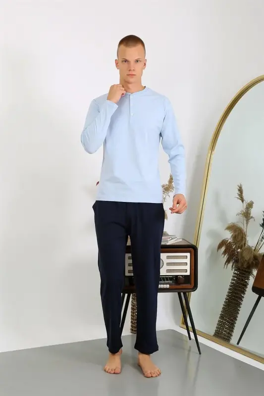 Akbeniz Men's Knitted Long Sleeve Pajama Set 6860 Ice Blue - 5