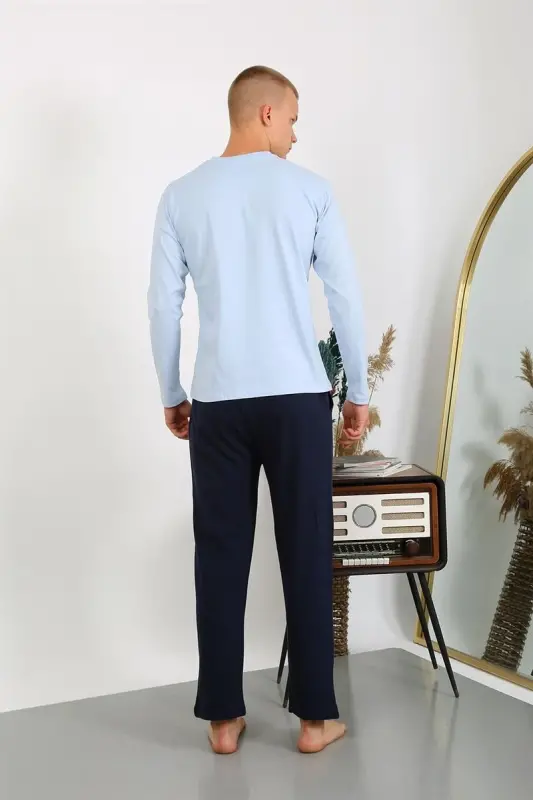 Akbeniz Men's Knitted Long Sleeve Pajama Set 6860 Ice Blue - 6