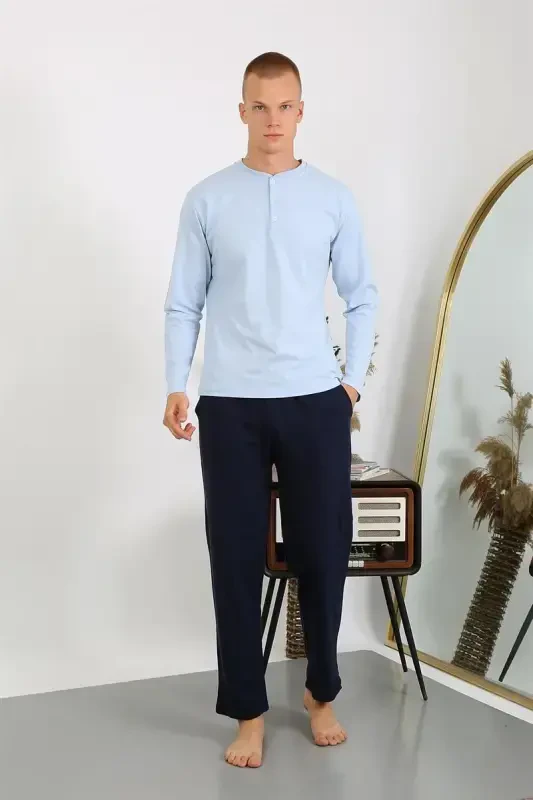 Akbeniz Men's Knitted Long Sleeve Pajama Set 6860 Ice Blue - 2
