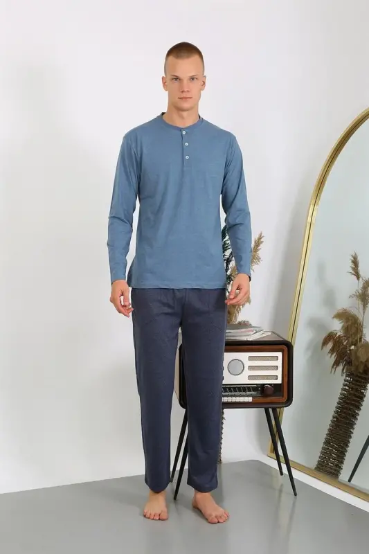 Akbeniz Men's Knitted Long Sleeve Pajama Set 6860 Indigo - 2