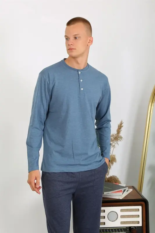 Akbeniz Men's Knitted Long Sleeve Pajama Set 6860 Indigo - 4